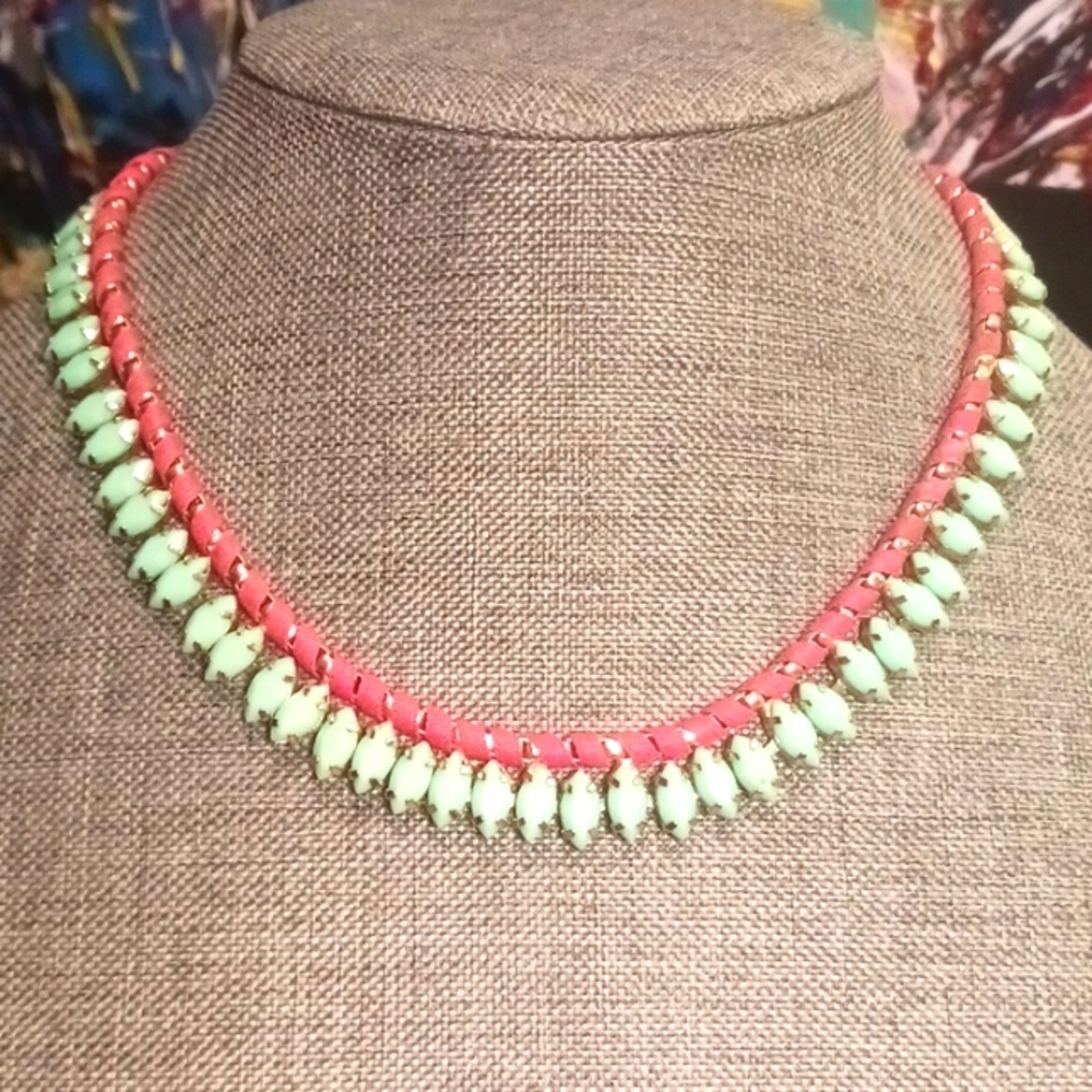 Turquoise Acrylic Faceted Marquise Necklace w/ Pink Ribbon - Pre-loved (17")